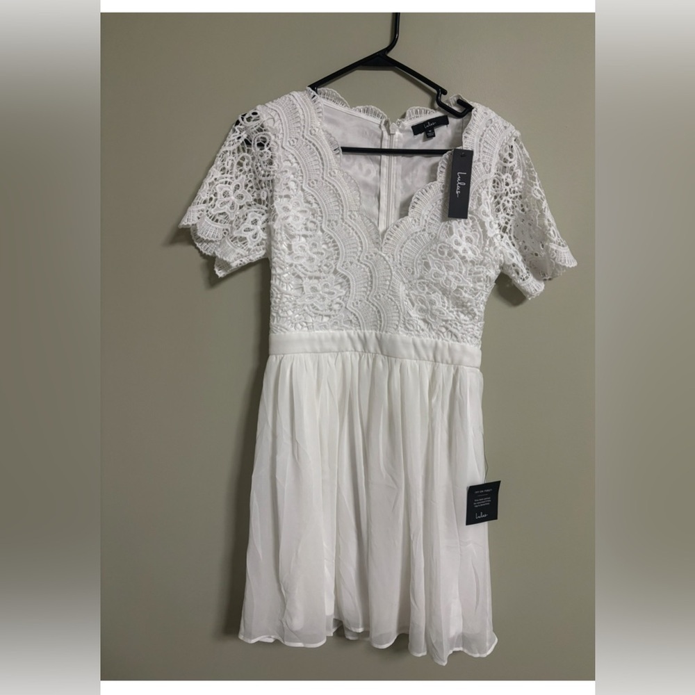 Lulus Angel in Disguise White Lace Fit Flare Dress Short Sleeve Size Medium New